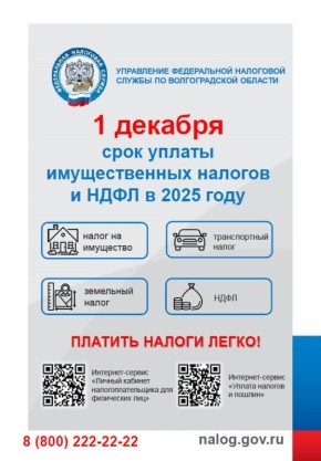 Оплачиваем налоги в срок. Напоминаем, что 1 декабря — последний срок уплаты имущественных налогов и НДФЛ за 2023 год